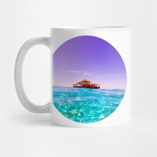 Holographic Shades Of Blue Ocean Summer Beach Waves With Vintage Yacht Under The Clear Sky Mug